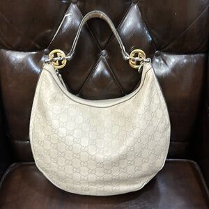 Guccissima Beige Monogram Crescent Shoulder Bag with Gold Rings